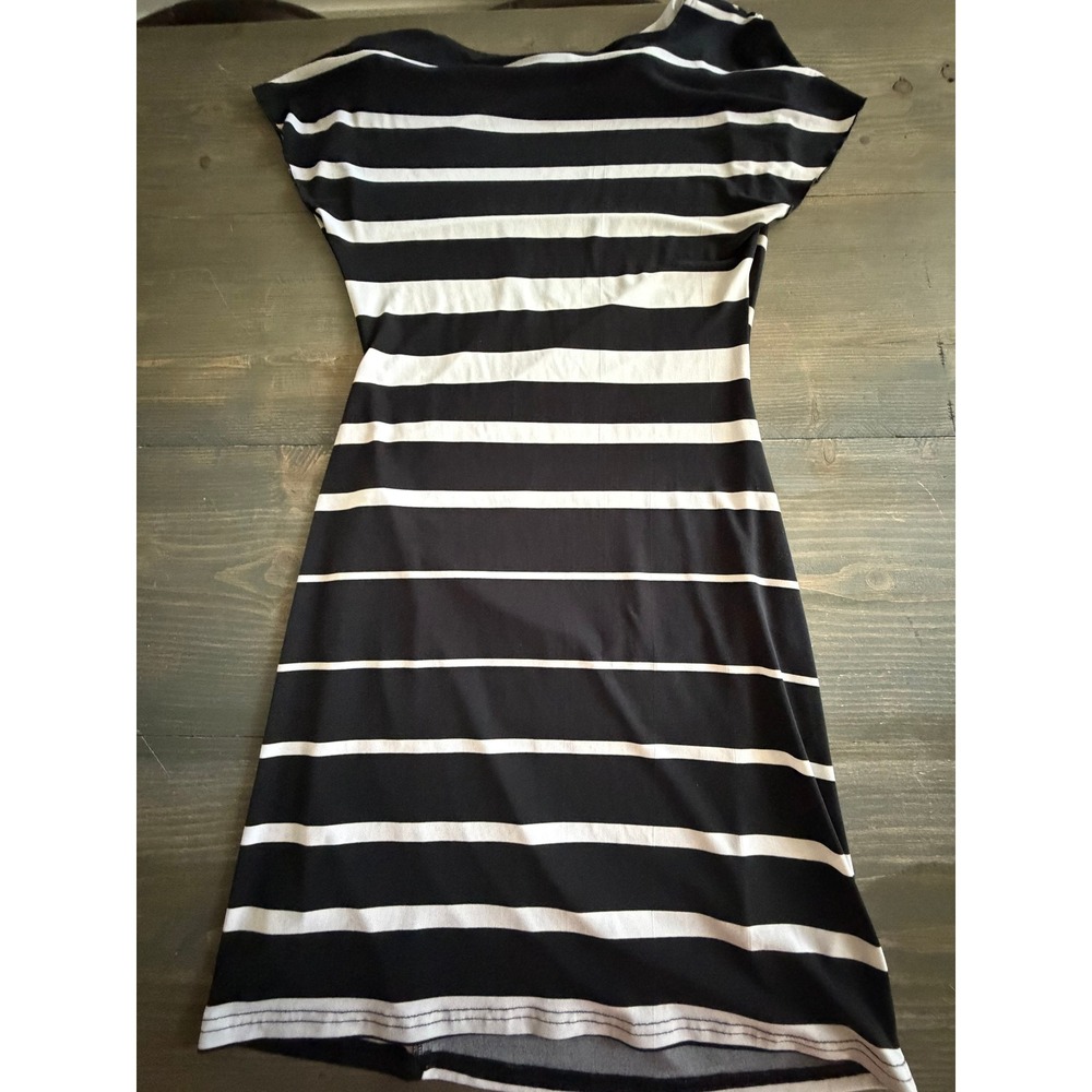 Attention Womens Black White Striped Cowl Neck Ruched Sheath Dress XS 3012 - Picture 3 of 9